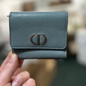 Dior Small Leather Wallet in Dusty Blue with CD Logo minor rubbing and fading